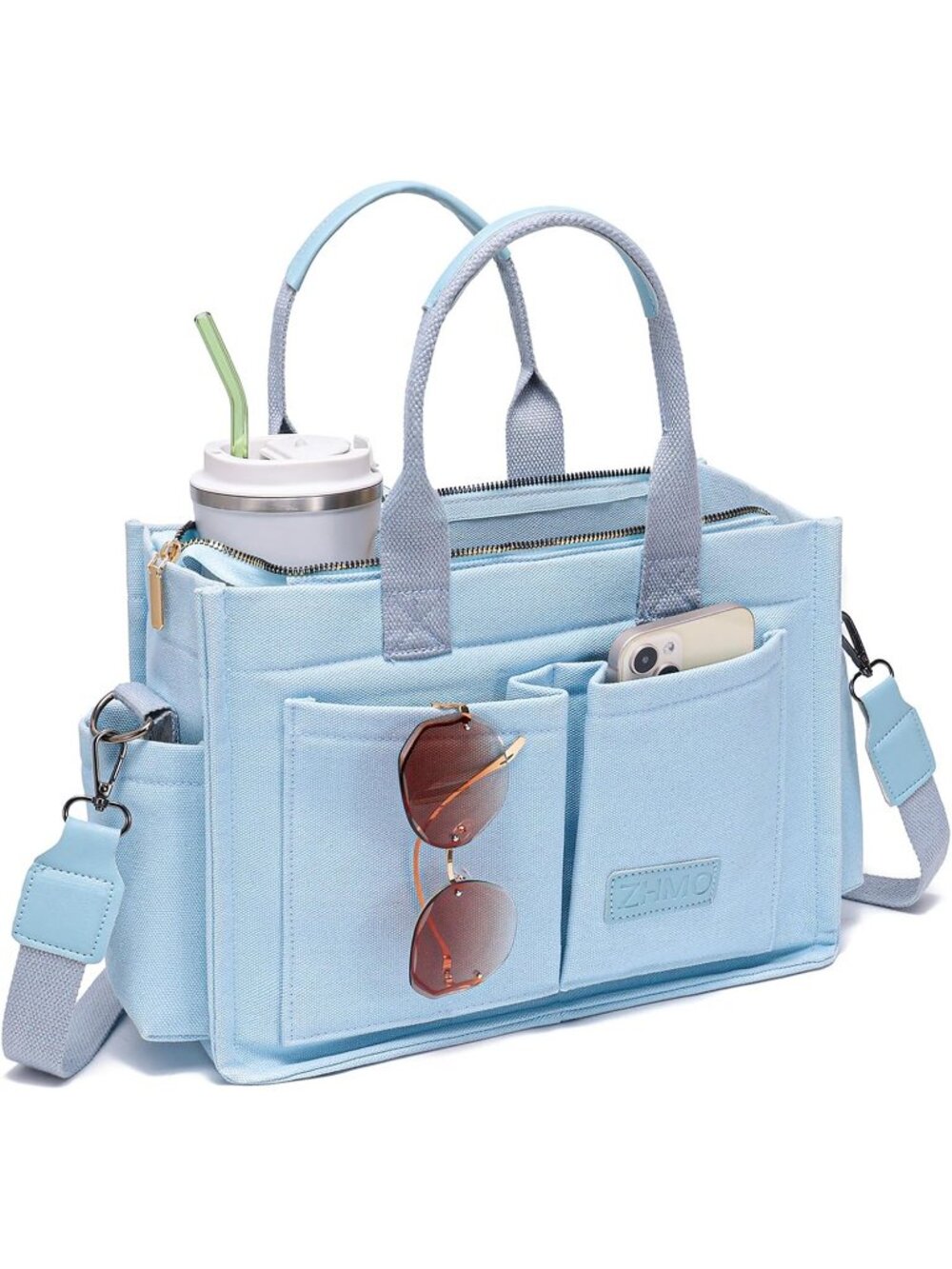 Women's Light Blue Canvas Tote Bag Large Crossbody Travel Handbags Purse